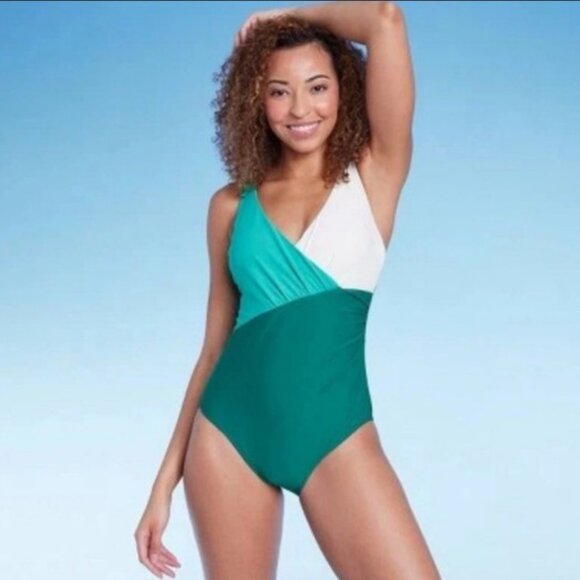 Front Wrap Colorblock Full Coverage One Piece Swimsuit - Shade & Shore Teal S - Picture 1 of 4